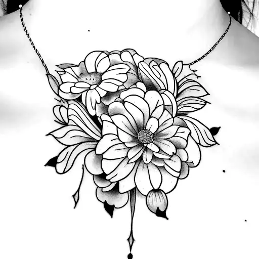 Line Art And Flowers On Collar Bones