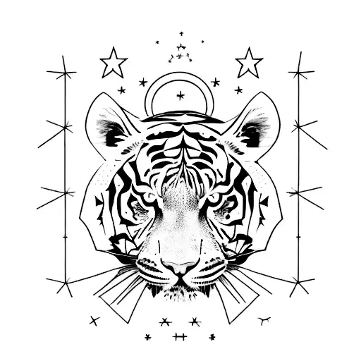 A Minimalist Tattoo Of A Tiger Gazing Up At A Constellation Of Stars