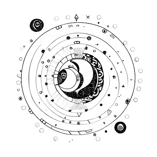 An Abstract Design Of Moon Phases Intertwined With Penguins