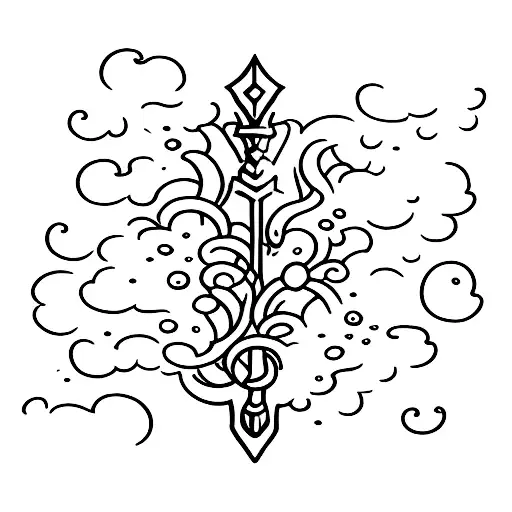A Sword Covered In Ivy In A Cloud