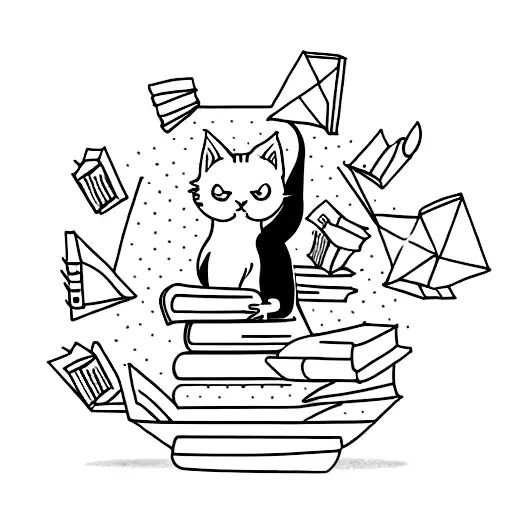 A Minimalist Tattoo Of A Cat Sitting On A Pile Of Books In A Cozy Library