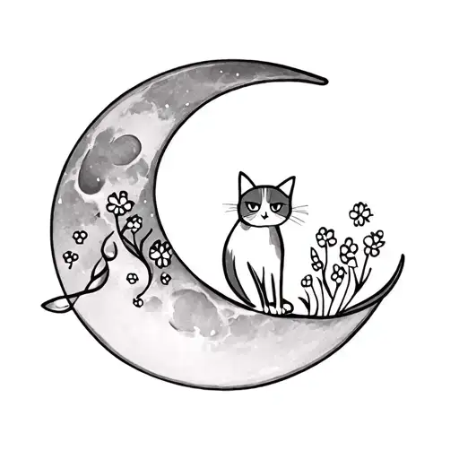 Cat On A Moon With Little Flowers Growing