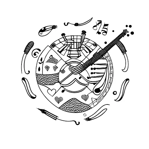 An Abstract Tattoo Design Incorporating A Server Tray With Musical Instruments And Cat Paw Prints