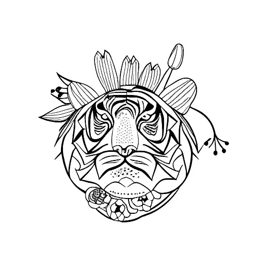 Cartoon Tiger Head Surrounded With Lily Flowers