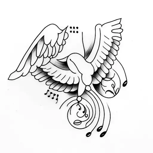 A Minimalist Tattoo Design Featuring A Bird Flying Freely With Music Notes As Its Wings
