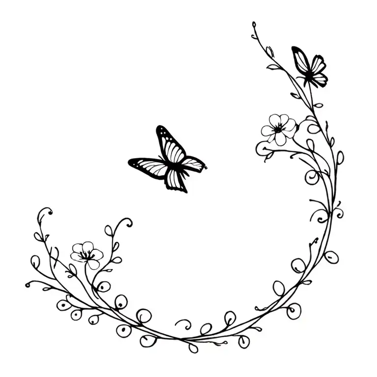Butterfly String Vine Spine Tattoo With Flowers