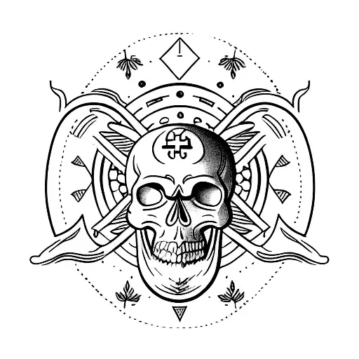 A Minimalist Tattoo Of A Skull With Alchemical Symbols Surrounding It