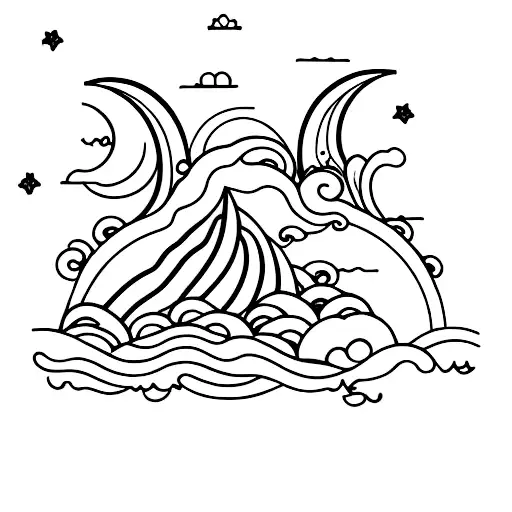 Waves With Moon Clouds And Lotus