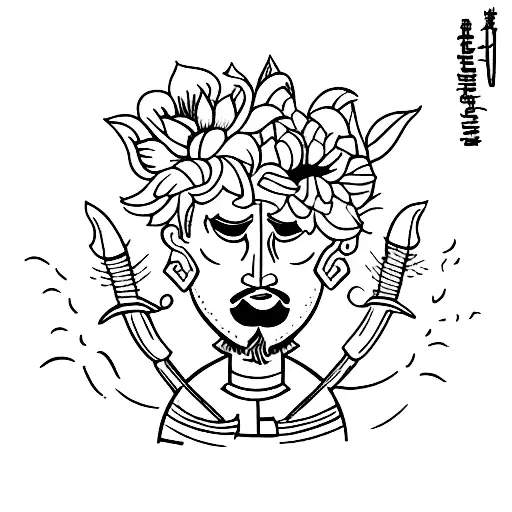 A Warrior Watering Some Flowers And Plants