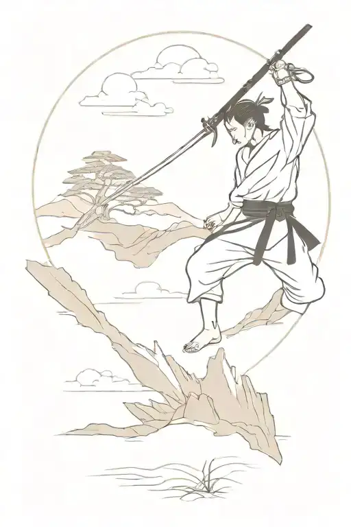 A Dynamic Scene Of A Martial Artist Wielding A Sword In A Japanese Landscape