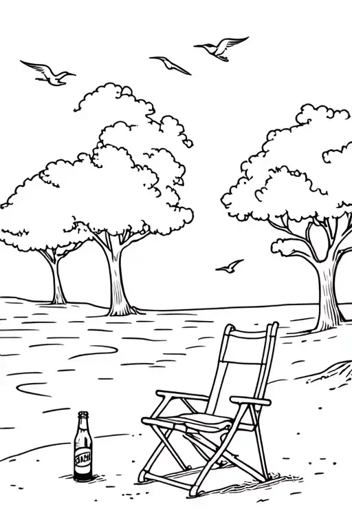 Folding Chair At The Beach With A Beer Bottle Under Some Trees With Birds