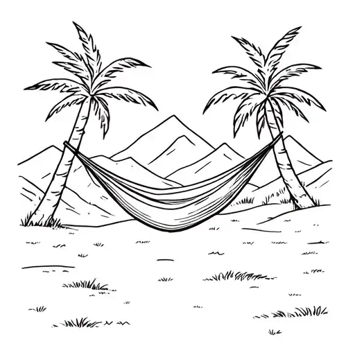 Hammock Between Two Palm Trees And A Background Of Desert Mountains