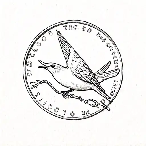 A Simple Sketch Of A Coin With A Song Bird On It