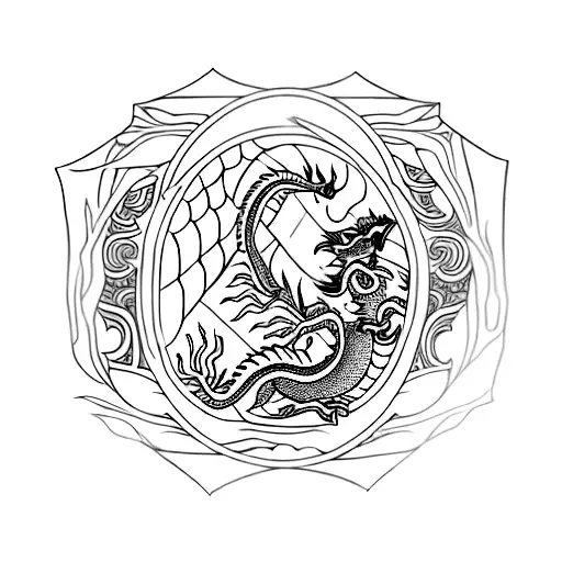 Small Fineline Chinese Dragon Incorporating The 8 Bagua Symbols Into The Body Of Dragon