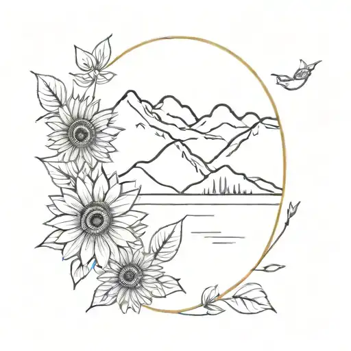 Mountain Mirrored Above Sunflowers