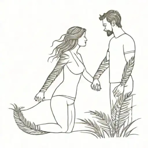 Continuous Line Of Couple Hughing With Silver Fern In Background