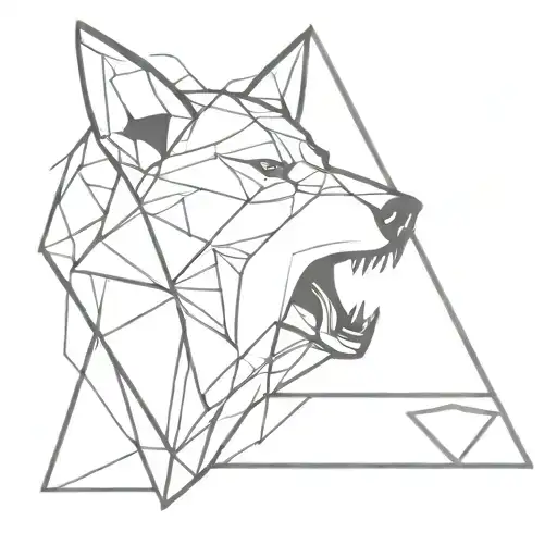 A Geometric Wolf Head Howling At A Sci-fi Inspired Triangle