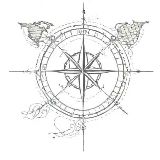 A Dotwork Tattoo Of A Compass Rose With Travel Destinations Marked On It