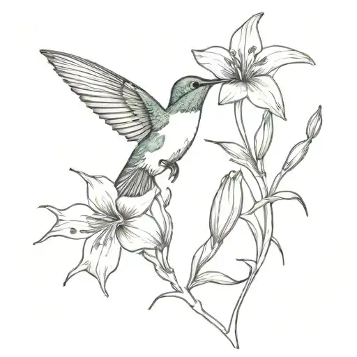 Hummingbird Beside Bouquet Of Violets And Narcissus