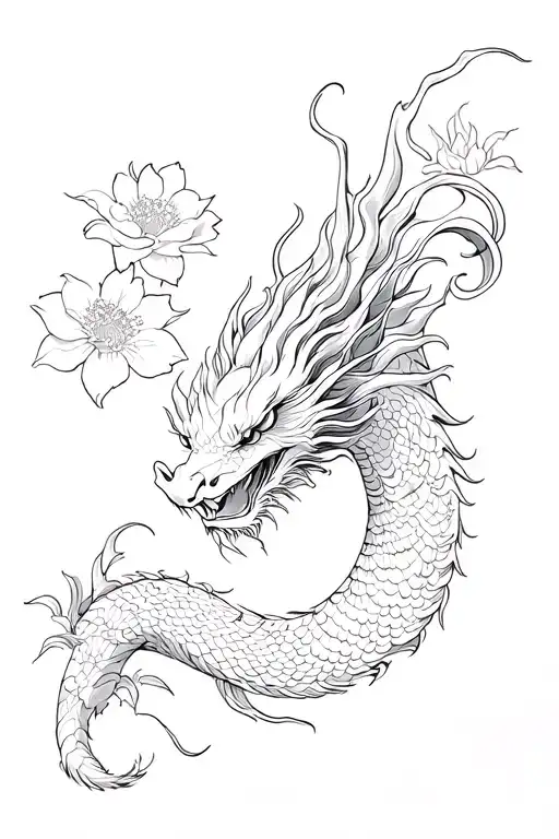 Chinese Dragon And Flowers Traditional