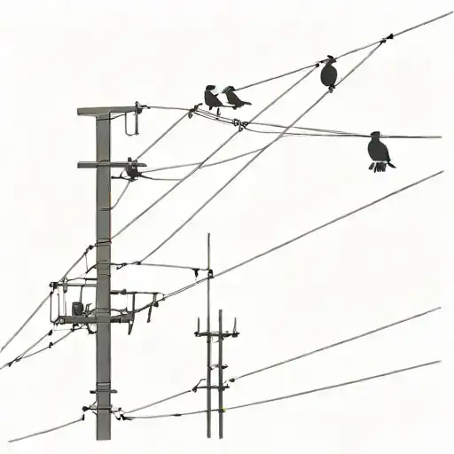 Black And White Silhouette Of Birds On A Telegraph Pole And Wire