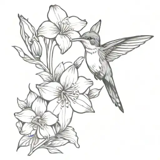 Hummingbird Eating Over Bouquet Of Violets And Narcissus