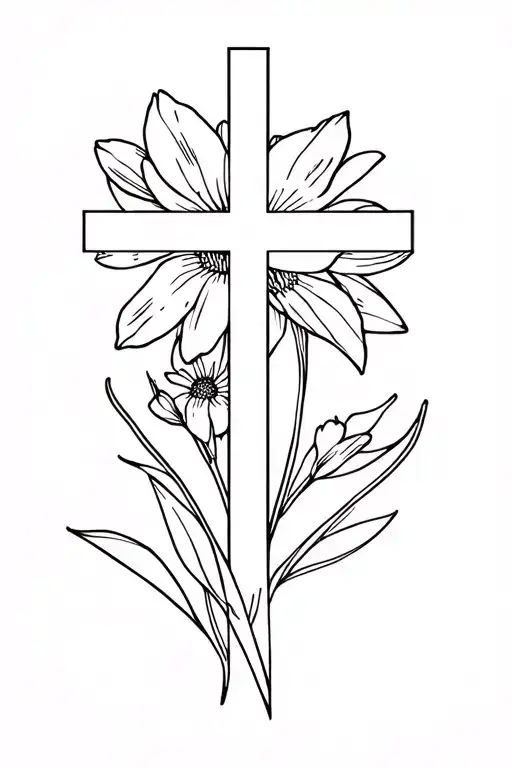 Cross Tatto Fine Line With Daffodil Flower And Aster Flower Wrappped Around It