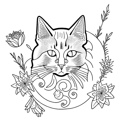 Moon And Flowers And Cat
