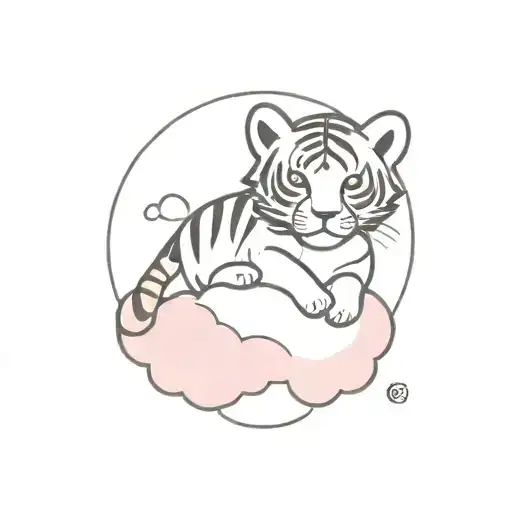 A Small Minimalist Tattoo Of A Tiny Tiger Cub Sitting On Top Of A Pink Cloud