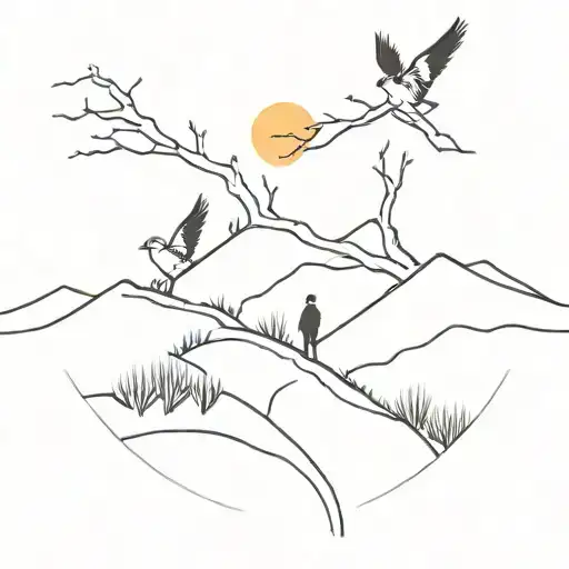 Mother Son Road Path Journey Mountain Sunset Birds Tree