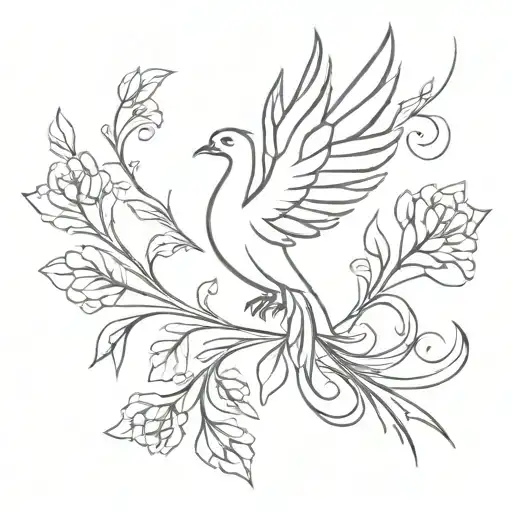 A Minimalist Tattoo Design Of A Phoenix Intertwined With A Delicate Flower