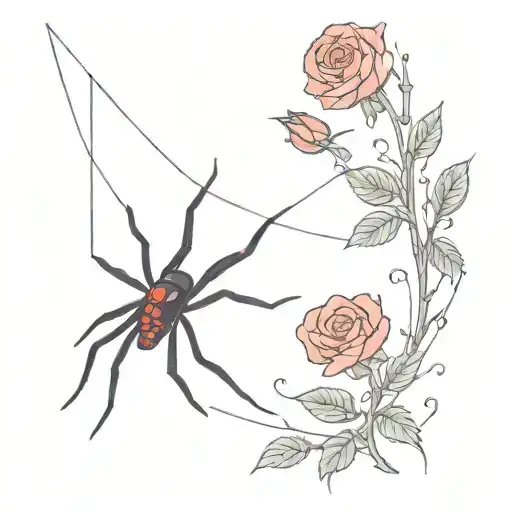 A Black Widow Hanging Down From A Web With Roses Growing