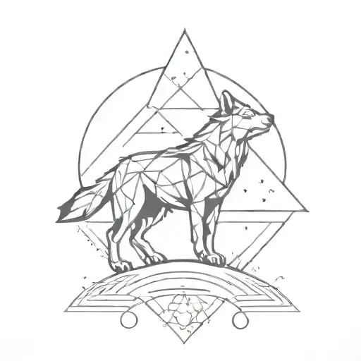 An Abstract Geometric Design Incorporating A Wolf Howling At The Moon Surrounded Star And Moon