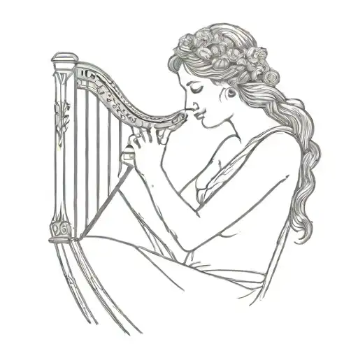 Beautiful Greek Muse Playing Mini Harp Surrounded By Music
