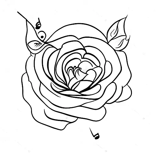 Simple Line Art Tattoo Of A Single Wild Rose And A Music Note