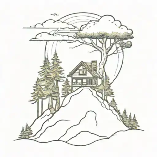 A Whimsical Pine Trees Treehouse Nestled In The Mountains With A Sun Shining Overhead