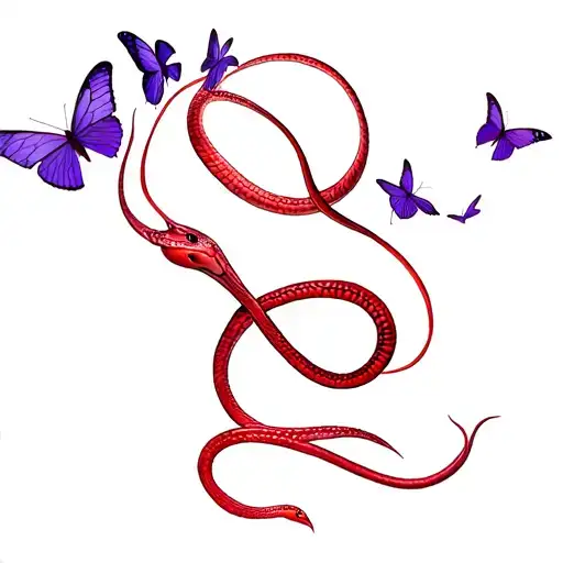 Red Snake With Purple Butterflies Flying Around
