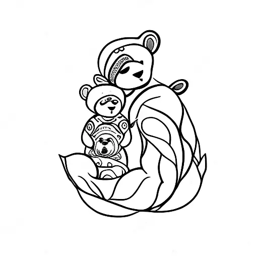 Mother And Bear Cub In A Leaf Circle