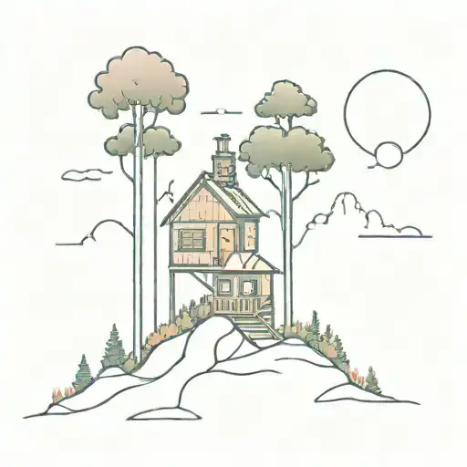 A Whimsical Treehouse Nestled In The Mountains With A Sun Shining Overhead