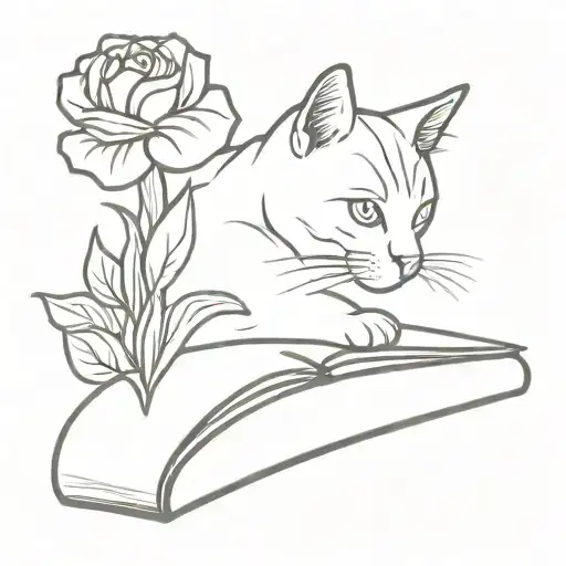 Cat On Book With Flowers