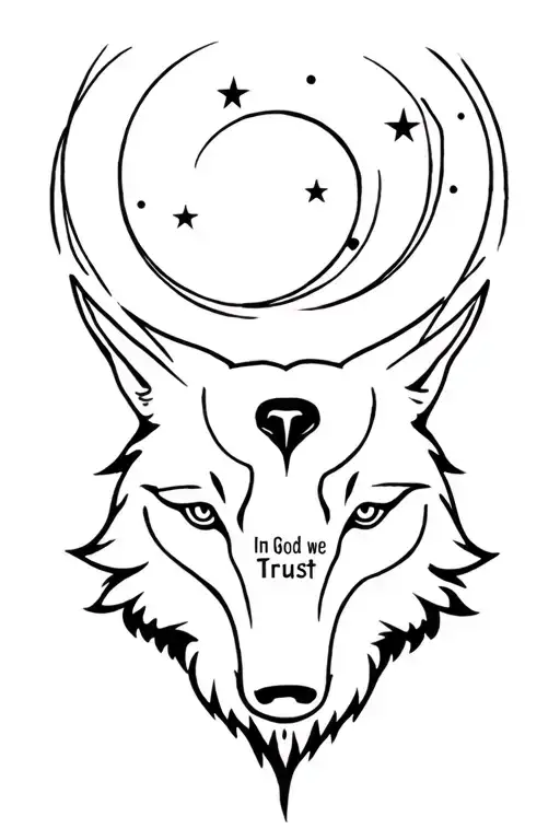A Wolf Face And Moon And In God We Trust Text