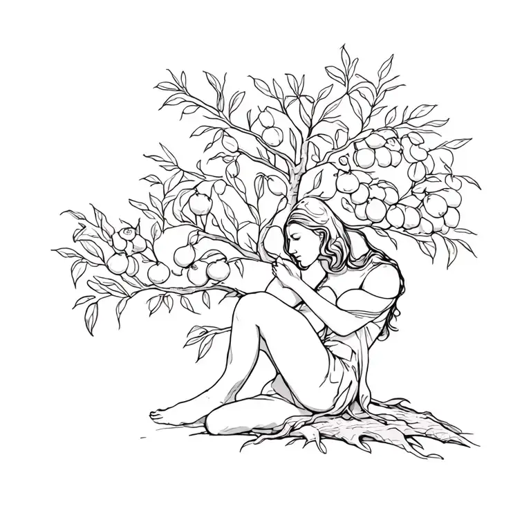 Line Drawing Of Woman Sat At The Base Of A Fig Tree