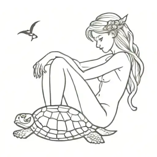 Ocean Fairy Riding A Turtle On Her Knees Looking