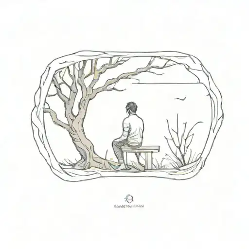 Looking Through A Window At An Old Tree With A Lonely Figure Seated Beneath It
