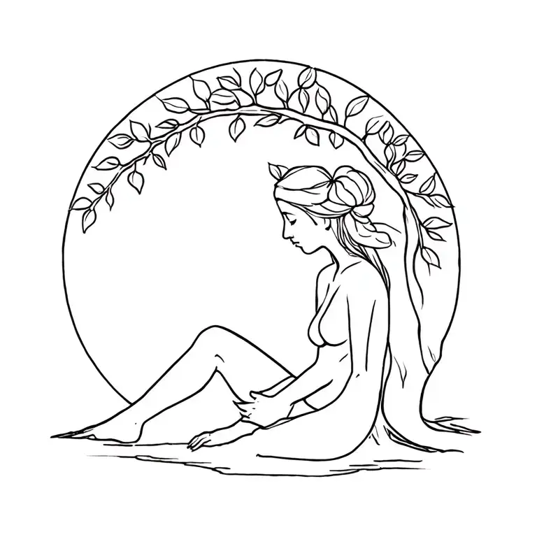 Line Drawing Of Woman Sat At The Base Of A Fig Tree