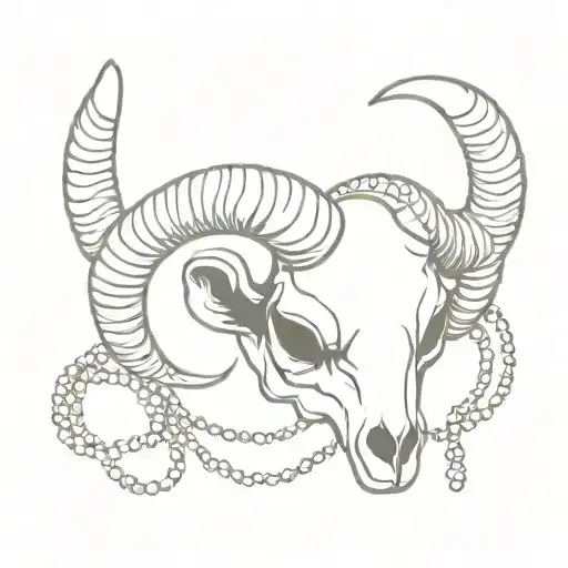 A Ram Skull With Delicate Rosary Beads Intertwined In Its Horns