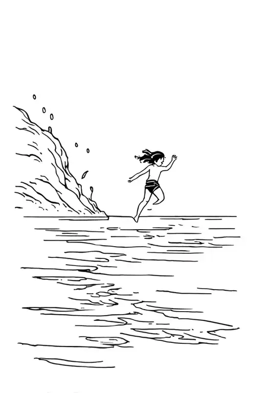 A Small Child Who Jumps From A Cliff In The Water With Splashes Of Water
