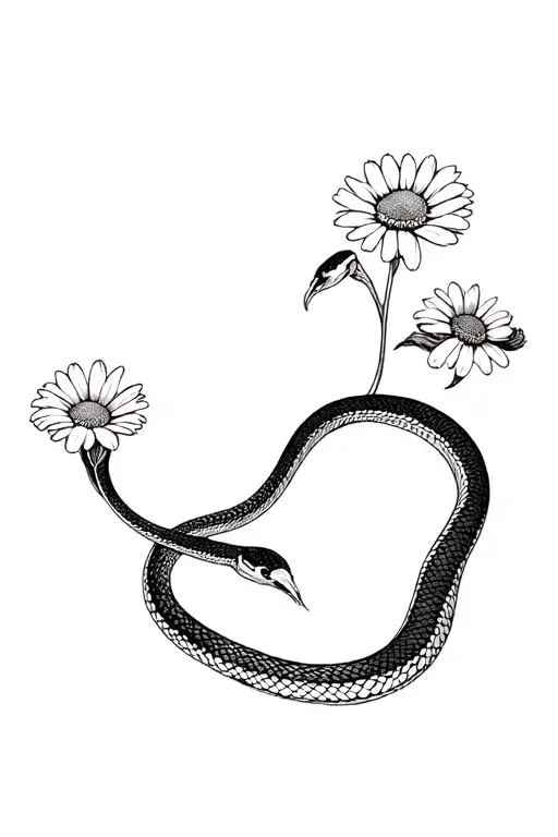 Snake Slithering Through Daisy's Black And White Simle Low Detail