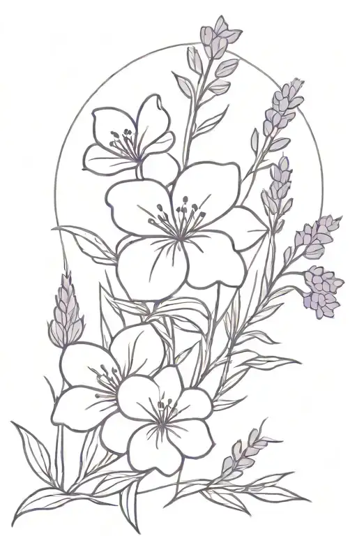 Violet Flower With Lavender Sprigs Made Into A Bouquet Single Line With A Lined Sun