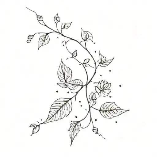 A Fine Line Tatoo Of A Vine With Leaves And Flowers Connecting To A Simple Constellation With Stars